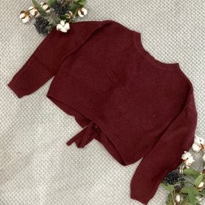 Ambiance Apparel crop sweater with lace up detail. Maroon. Size small.